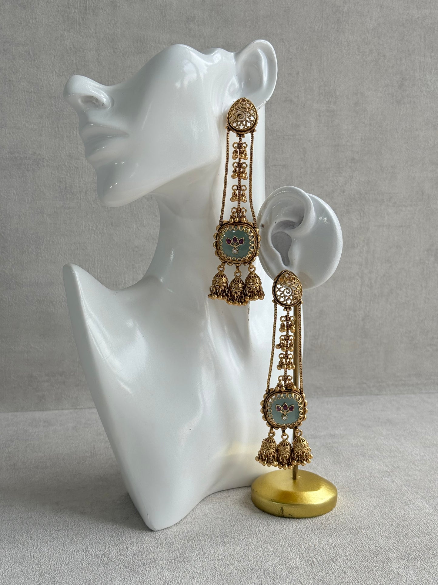 Ayura Designs Ihana Earrings – Mint Green Enamel with Pink Kundan, Ghungroo & Jhumki Detailing