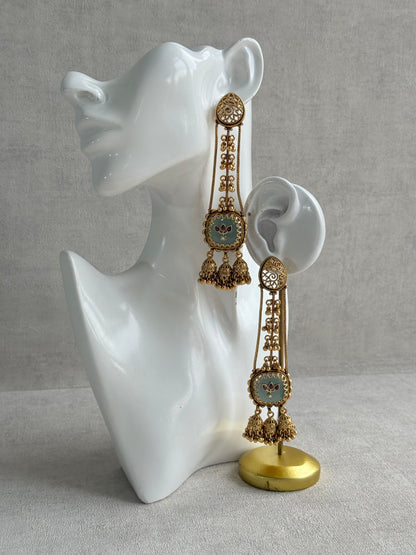 Ayura Designs Ihana Earrings – Mint Green Enamel with Pink Kundan, Ghungroo & Jhumki Detailing