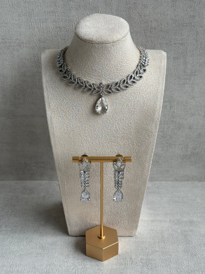 Ayura Designs Anastasia Set – Silver Necklace & Earrings with Teardrop Crystals & Leaf Motif Design