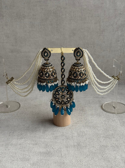 Ayura Designs Amrita Set – Jhumkis with Sahare & Tikka in Peacock Blue Beads, Pearls and Antique Gold Finish