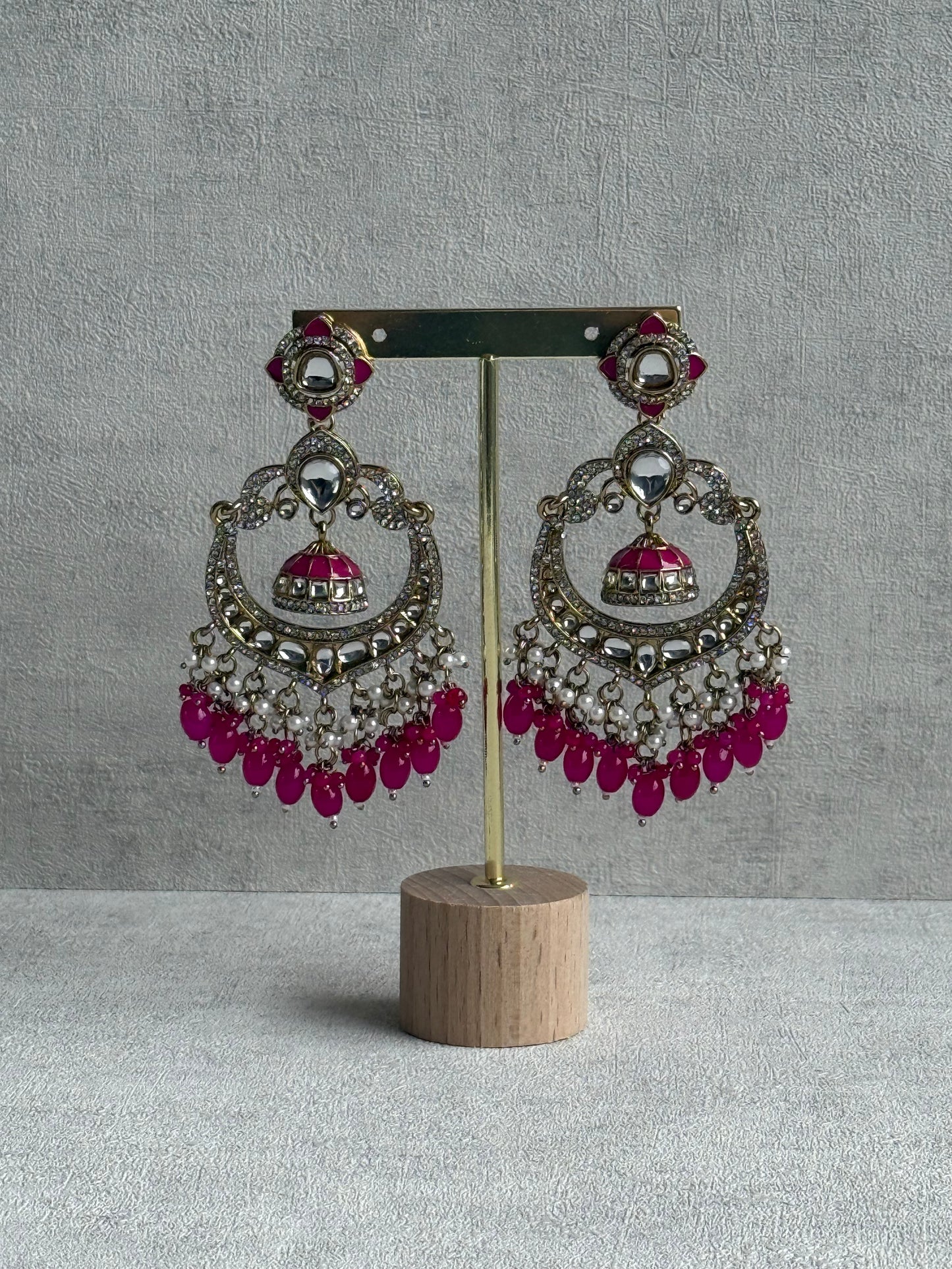 Ayura Designs Reha Earrings – Statement Chandbalis with Hot Pink Beads, Pearls & Mirror-Cut Stones