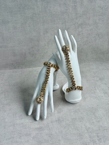 Ayura Designs Maura Haathphool – Antique Gold Hand Harness with Mirror-Cut Stones & Pearl Detailing