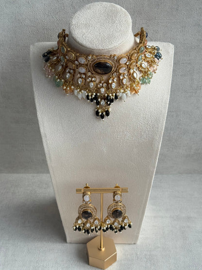 Ayura Designs Poppy Choker Set with Statement Earrings – Smoky Stone Centre with Pastel Beads, Pearls and Black Drops