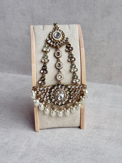 Ayura Designs Uma Jhoomar Passa – Kundan Jhoomar with Ivory Pearl Drops & Green Enamel Detailing