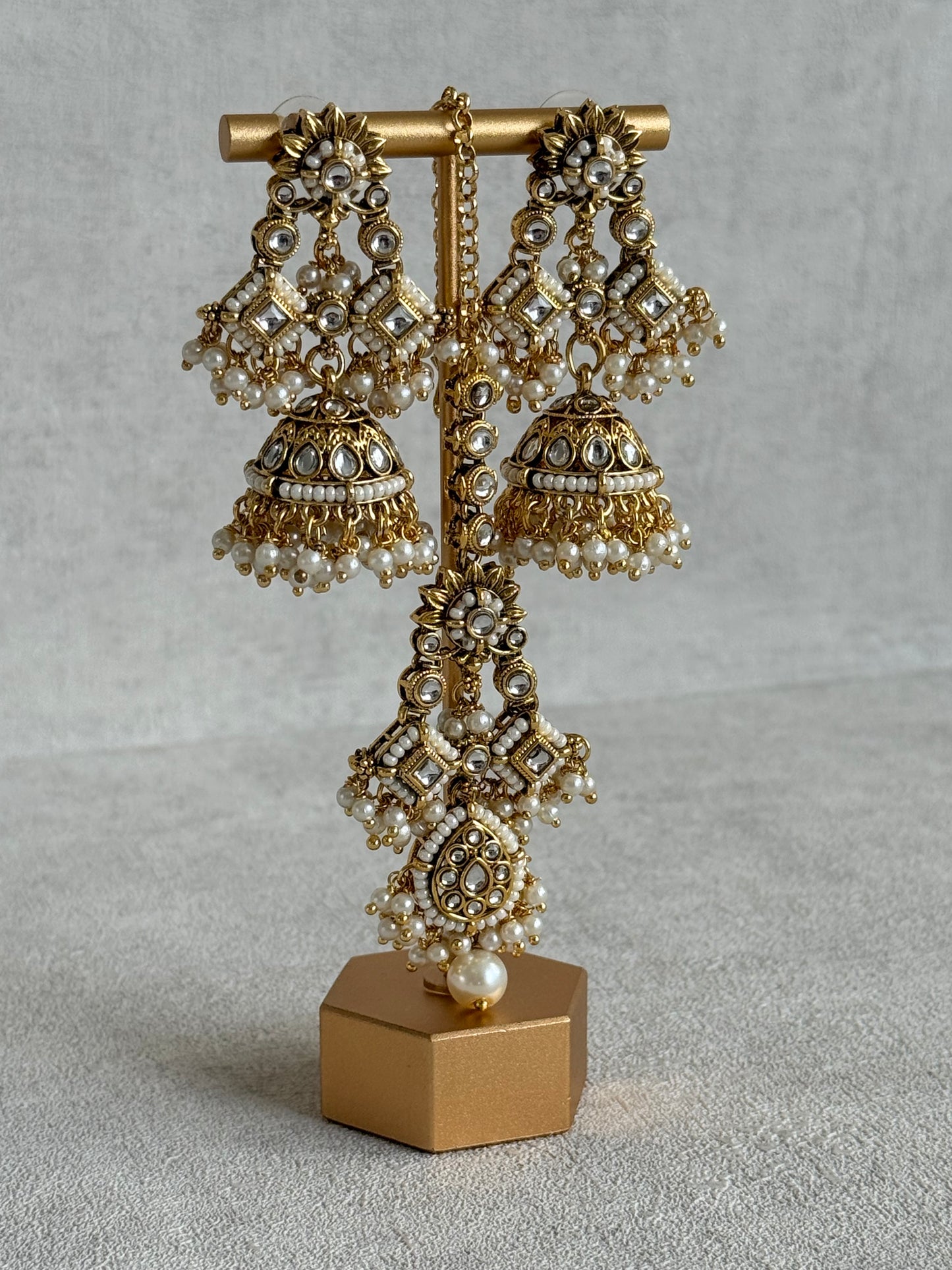 Ayura Designs Ania Tikka Set with Jhumkis – Pearl, Kundan & Gold Detailing