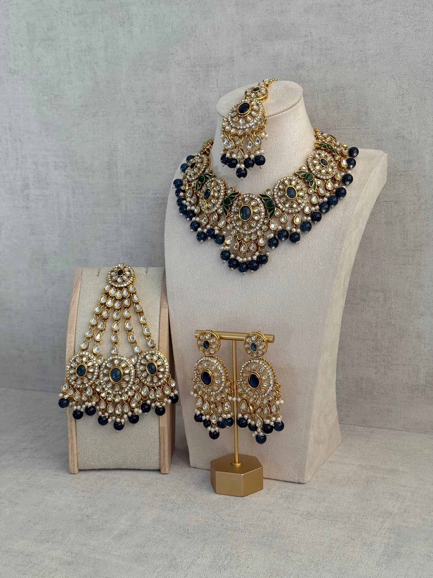 Ayura Designs Zara Set with Necklace, Earrings, Tikka & Passa – Antique Gold with Kundan Detailing & Ink Blue Stones & Beads