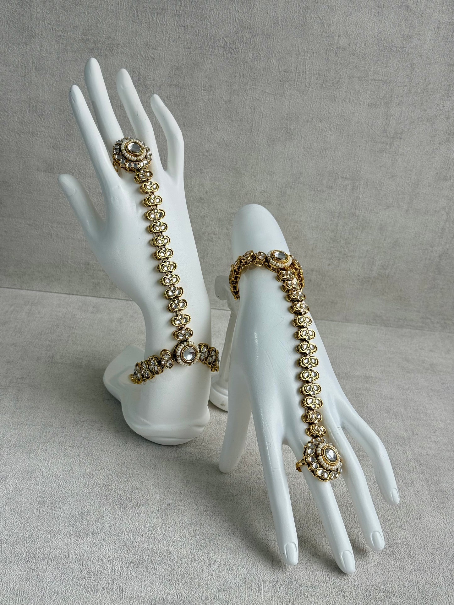 Ayura Designs Maura Haathphool – Antique Gold Hand Harness with Mirror-Cut Stones & Pearl Detailing