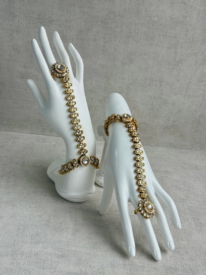 Ayura Designs Maura Haathphool – Antique Gold Hand Harness with Mirror-Cut Stones & Pearl Detailing