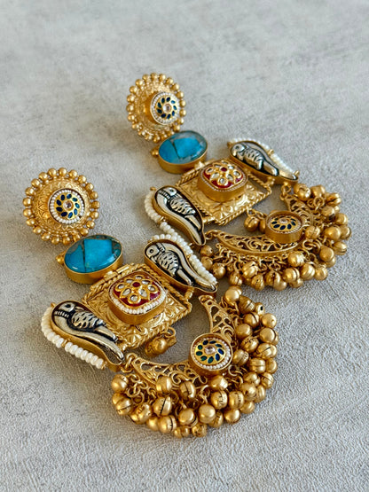 Ayura Designs Soha Earrings – Antique Gold with Turquoise Stone & Oxidised Parrots
