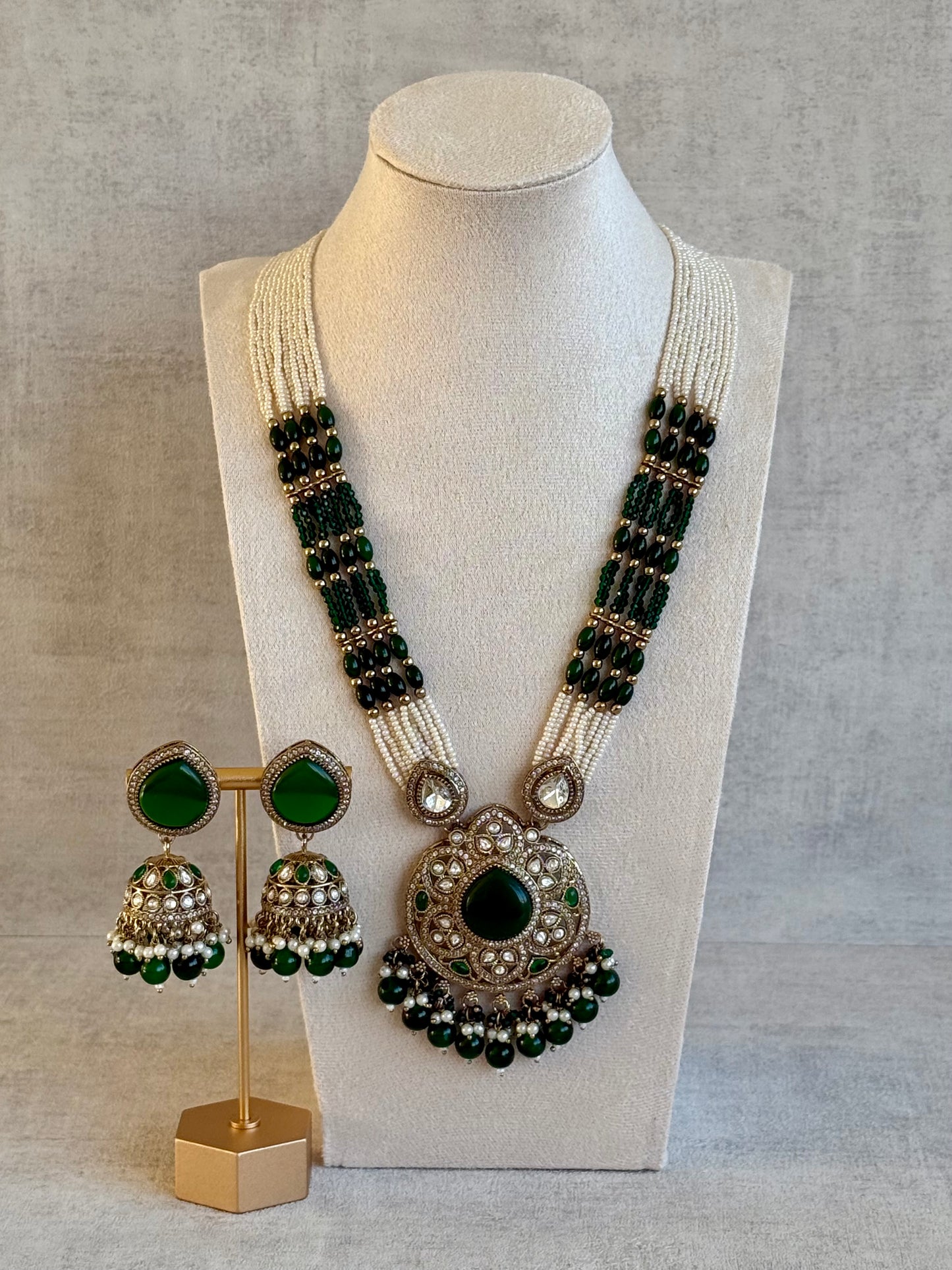 Ayura Designs Brielle Set – Necklace & Jhumkis with Mirror-Cut Stones, Emerald Green & Ivory Beads