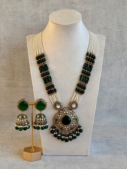 Ayura Designs Brielle Set – Necklace & Jhumkis with Mirror-Cut Stones, Emerald Green & Ivory Beads