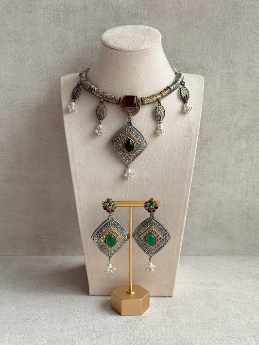 Ayura Designs Paayal Set with Earrings – Dual Tone Oxidised Necklace Set with Multicolour Stones & Pearl Clusters