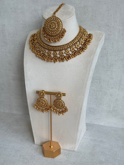 Ayura Designs Darya Necklace Set with Earrings & Tikka – Floral Antique Gold Statement Set with Ghungroo Detailing