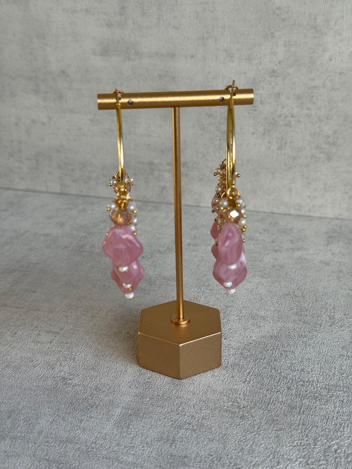 Ayura Designs Heer Balis – Gold Hoops with Baby Pink Marble Beads, Pearls & Crystal Detailing