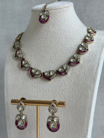 Ayura Designs Katalina Necklace Set with Earrings & Tikka – Rani Pink Stones, Crystals & Antique Gold Finish