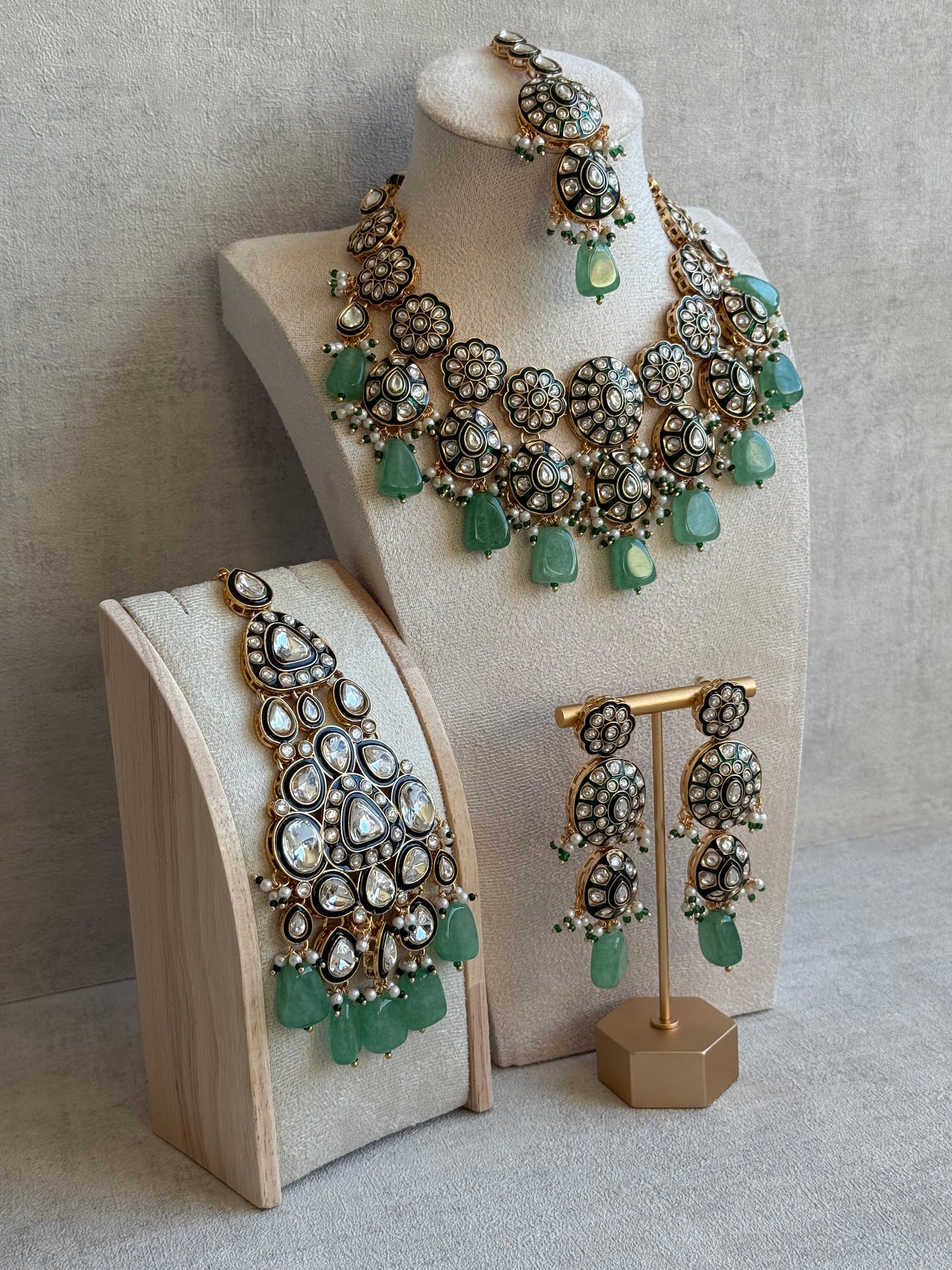 Ayura Designs Sumaira Set with Passa – Necklace, Earrings, Tikka & Passa with Kundan, Green Meenakari Detailing & Jade Green Drops