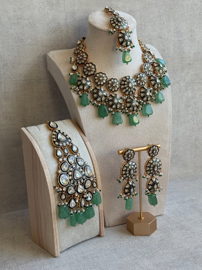 Ayura Designs Sumaira Set with Passa – Necklace, Earrings, Tikka & Passa with Kundan, Green Meenakari Detailing & Jade Green Drops