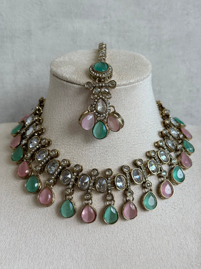 Ayura Designs Ava Necklace Set with Earrings & Tikka – Mint Green & Blush Pink Stone Necklace Set in Antique Gold Finish