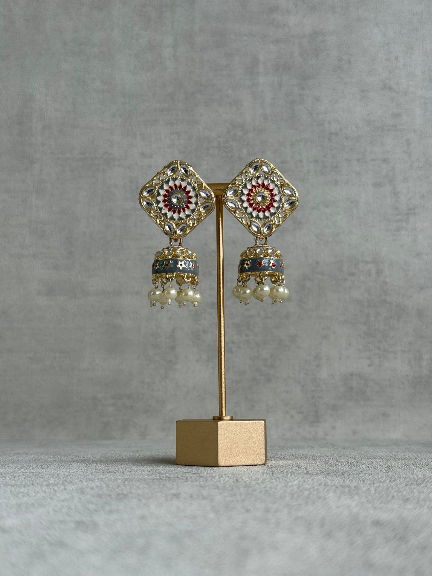 Ayura Designs Rangoli Jhumkis – Slate Grey, Ruby Red & Ivory Meenakari with Pearl Drops in Antique Gold Finish