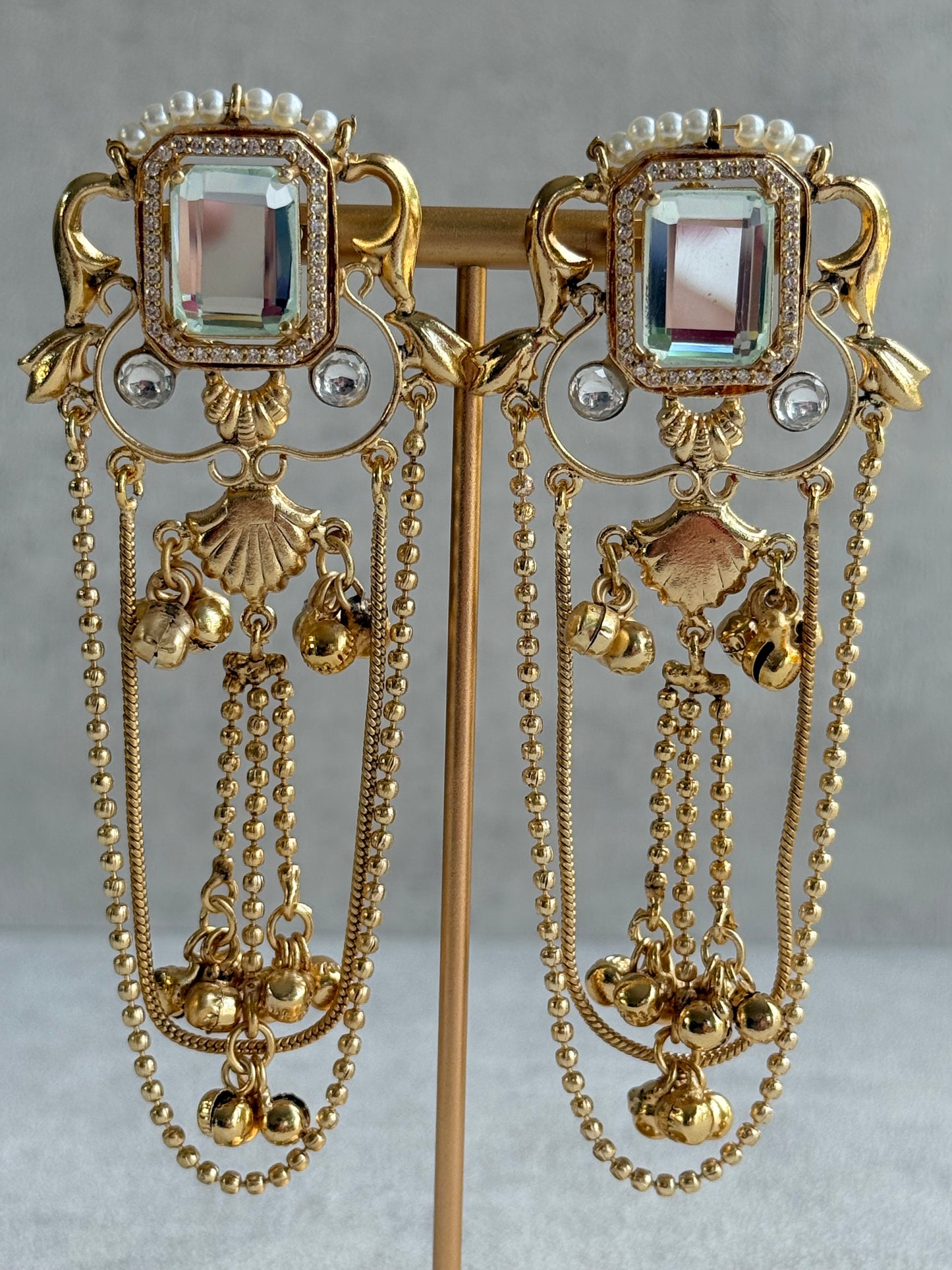 Ayura Designs Jaid Earrings – Crystal Floral Motif with Layered Chains & Ghungroos