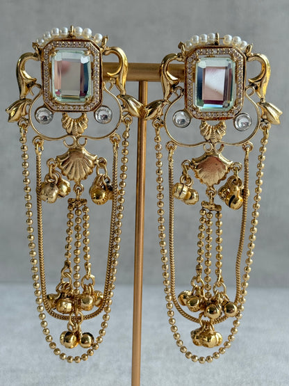 Ayura Designs Jaid Earrings – Crystal Floral Motif with Layered Chains & Ghungroos