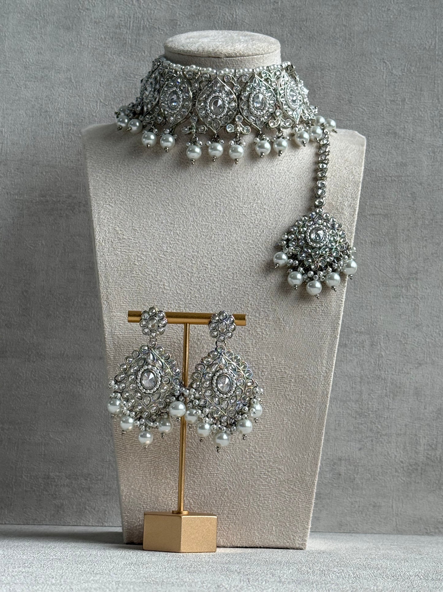 Ayura Designs Palki Set – Choker, Earrings & Tikka with Mirror-Cut Stones, Pearl Detailing & Silver Finish