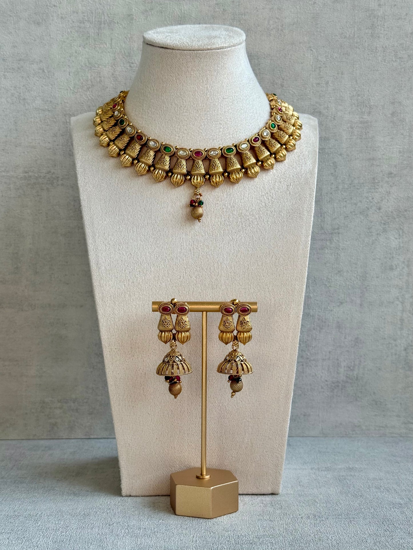 Ayura Designs Aima Necklace Set with Earrings – Antique Gold with Rani Pink & Emerald Green Stones