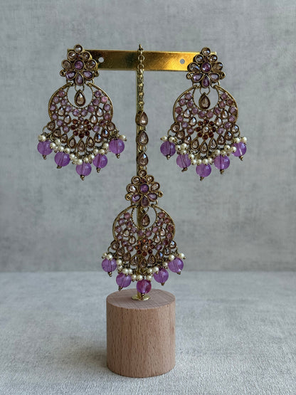 Ayura Designs Nehaat Set with Choker, Earrings, Tikka & Passa – Antique Gold with Lavender Beads, Pearls & Kundan Detailing