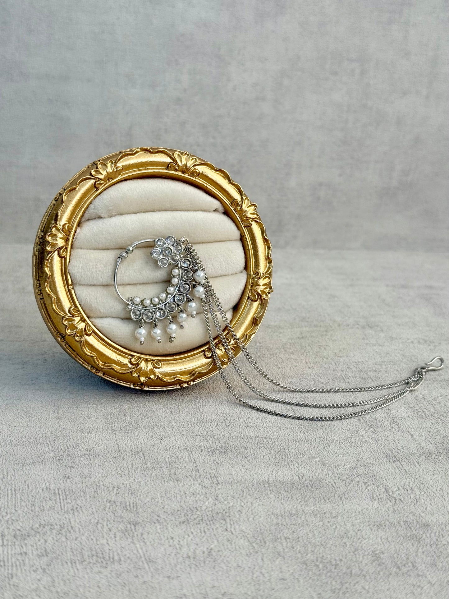 Ayura Designs Kasu Nath – Silver Nath with Pearl Drops, Crystal Detailing & Layered Chain Design