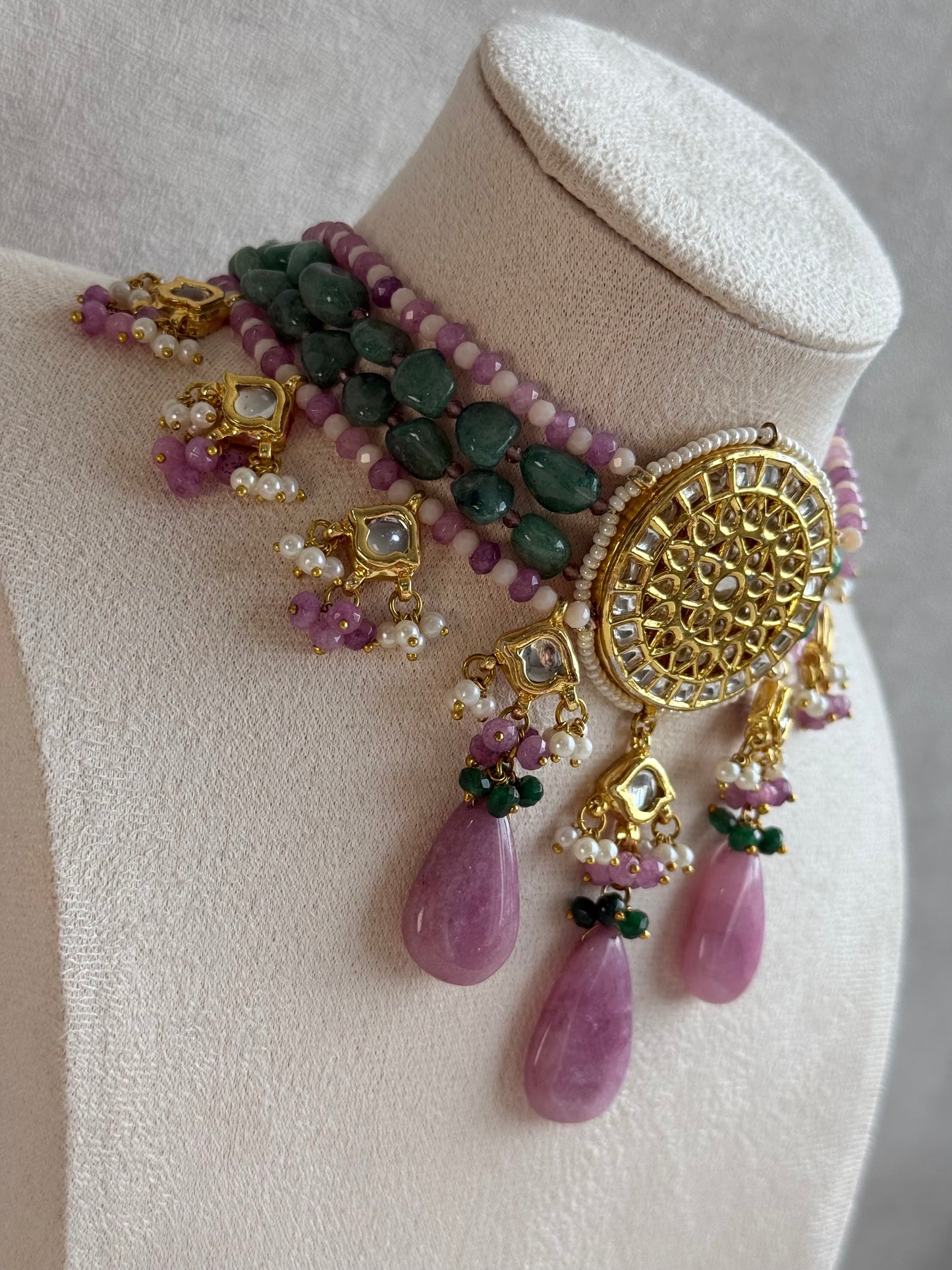 Ayura Designs Rabeeya Kundan Choker Set with Earrings – Blush Pink & Emerald Green Bead Detailing
