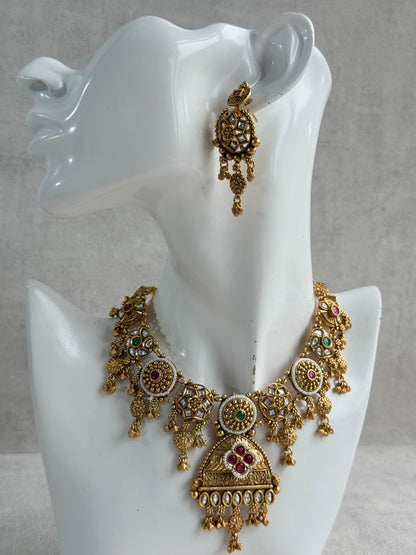 Ayura Designs Kriti Necklace Set with Earrings – Antique Gold Multicolour Kundan Design with Pearls & Ghungroo Detailing