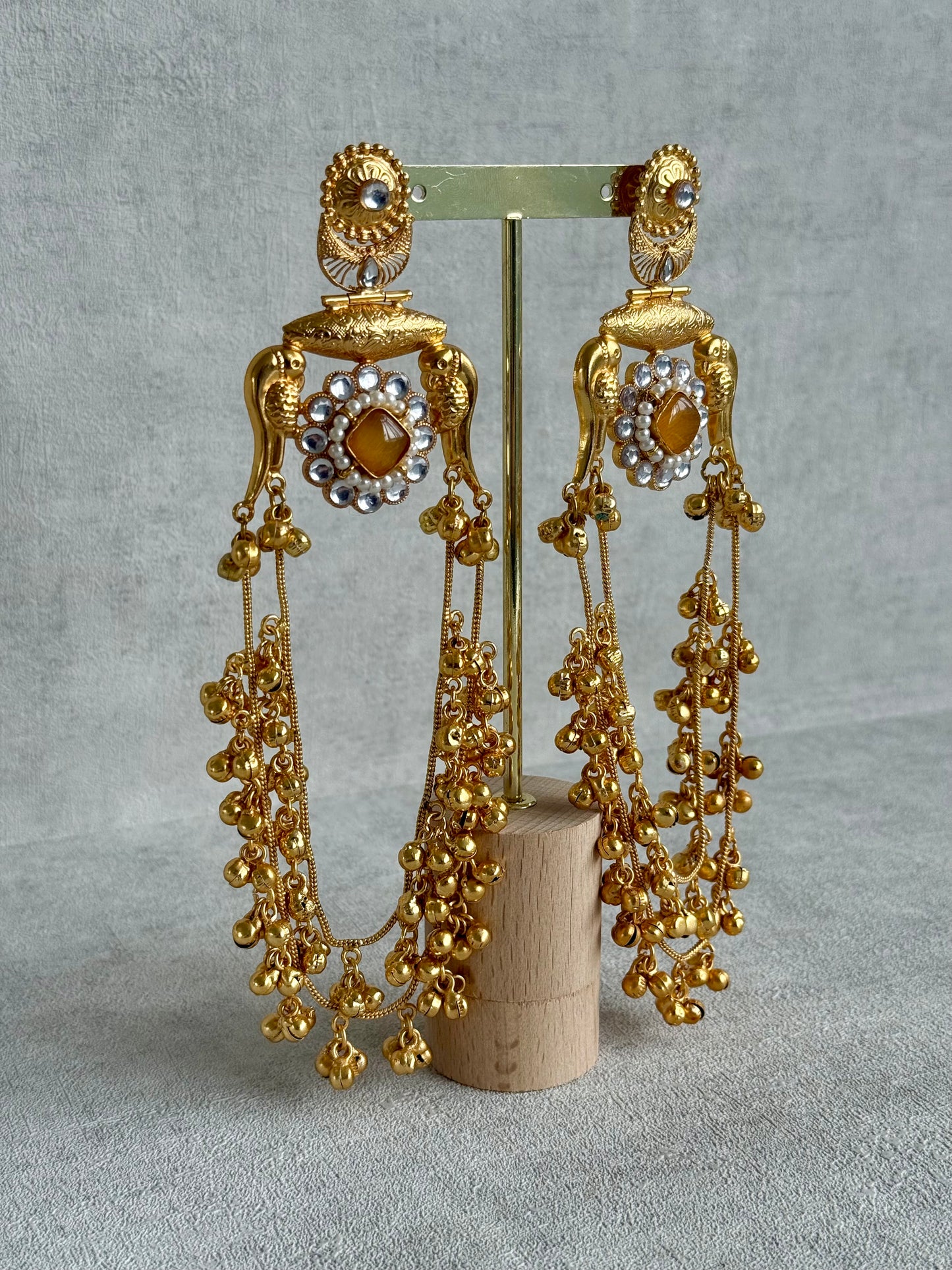 Ayura Designs Meelan Earrings – Antique Gold Earrings with Bird Motifs, Amber Stone & Ghungroo Detailing