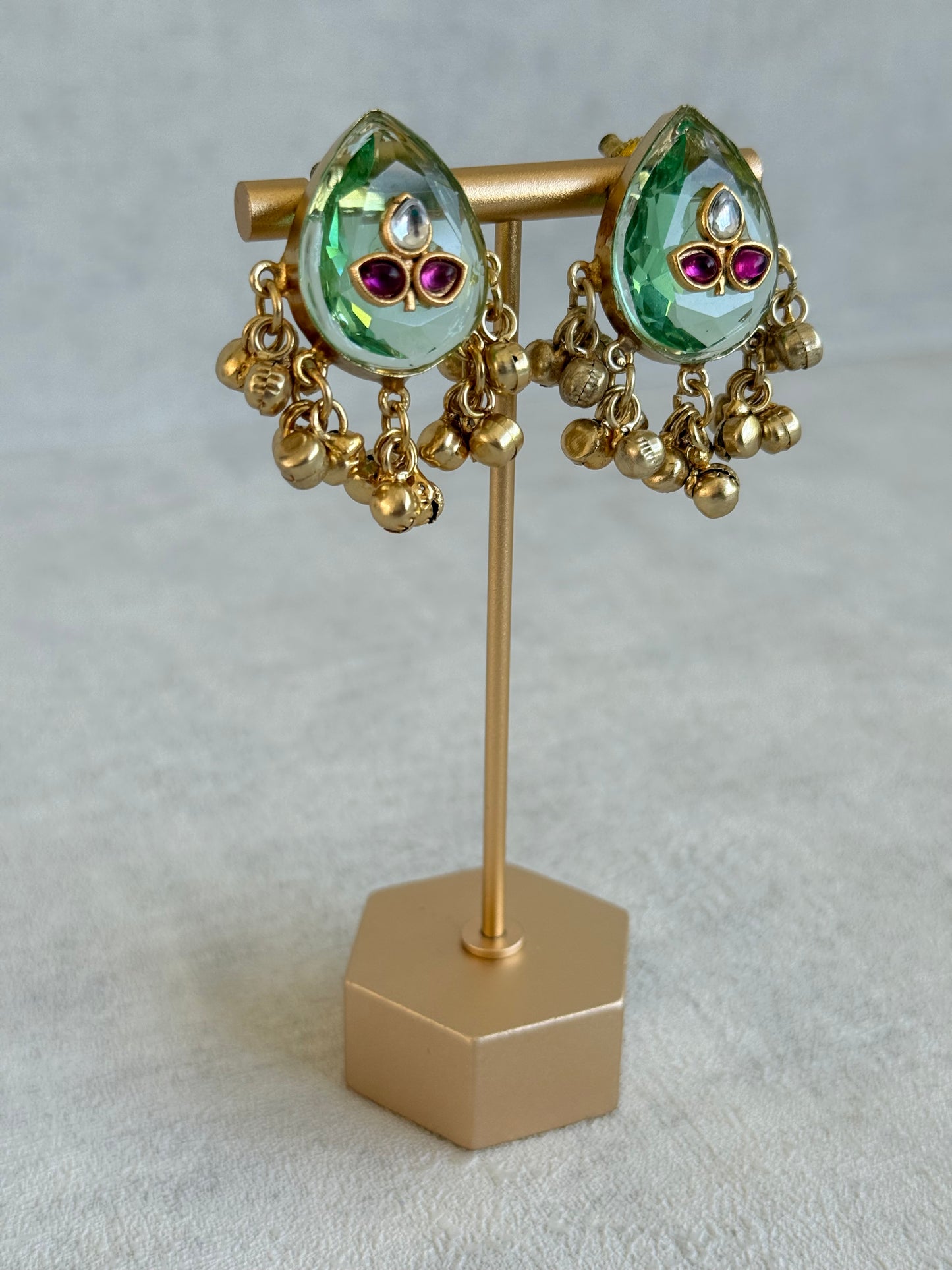 Ayura Designs Aykai Earrings – Pistachio Teardrop Stud Earrings with Clear Kundan Stones and Gold Ghungroo Drops