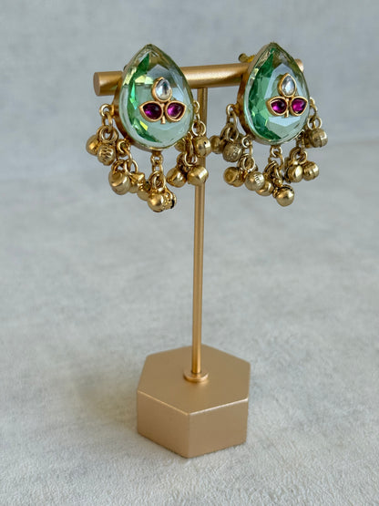 Ayura Designs Aykai Earrings – Pistachio Teardrop Stud Earrings with Clear Kundan Stones and Gold Ghungroo Drops