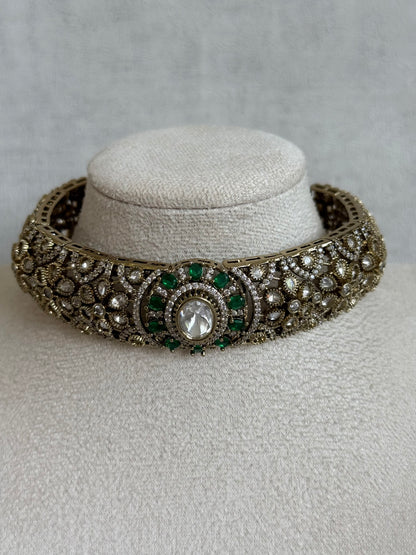 Ayura Designs Genevieve Choker Set with Studs – Emerald Green Crystal Kundan in Antique Gold