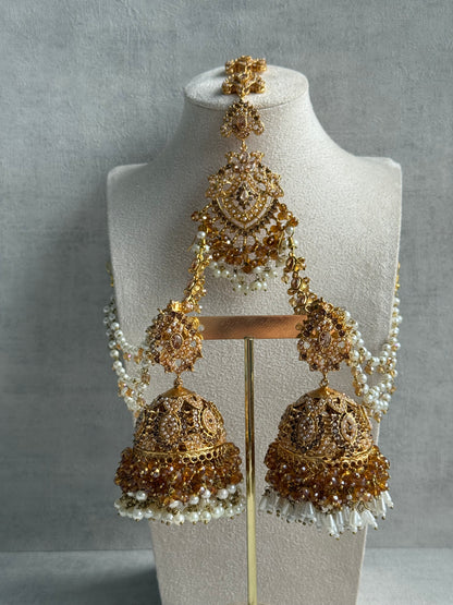 Ayura Designs Safia Tikka Set with Sahare Earrings – Champagne Gold Beads & Pearls