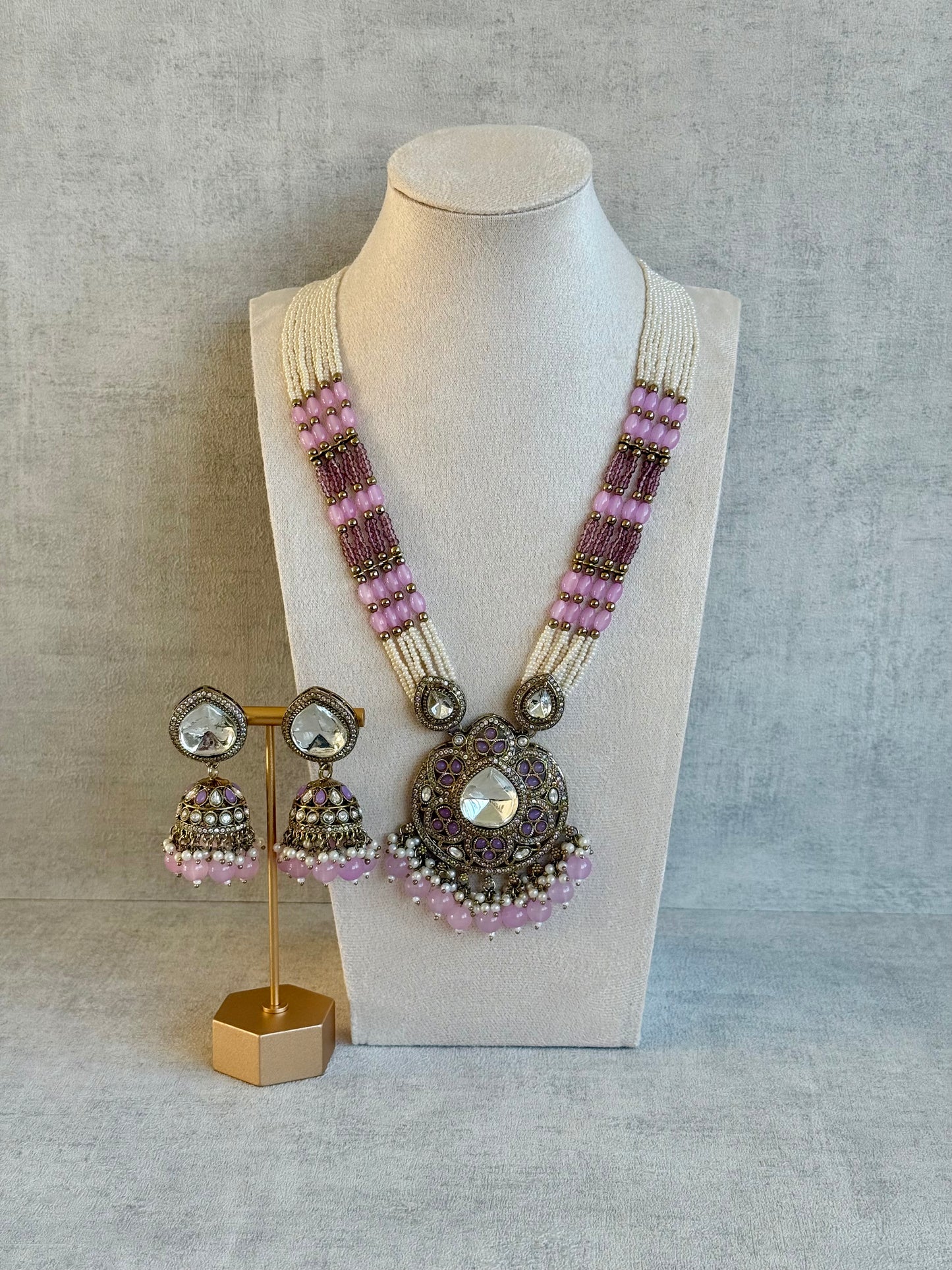 Ayura Designs Brielle Set – Necklace & Jhumkis with Mirror-Cut Stones, Dual-Tone Lilac & Ivory Beads