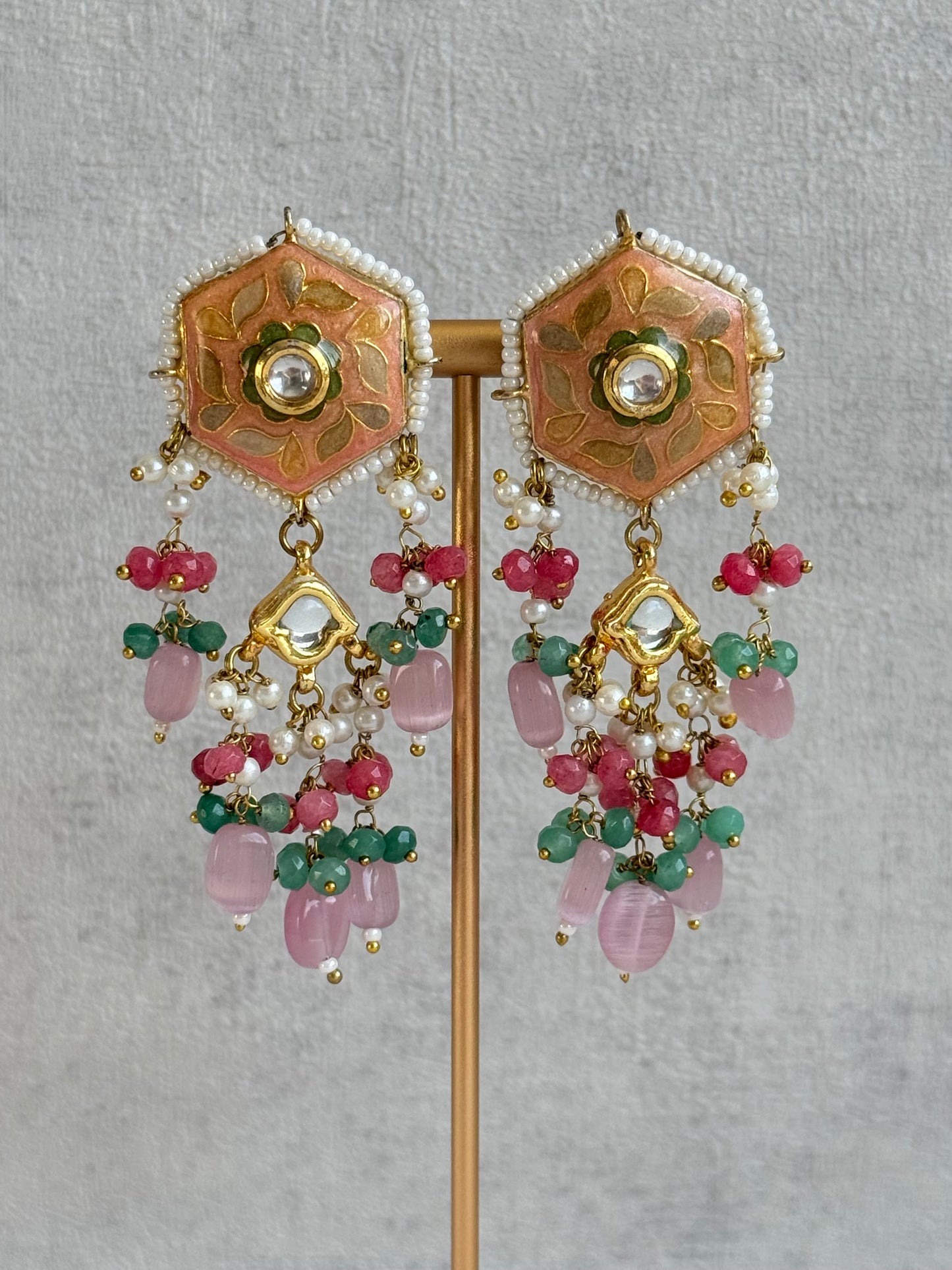 Ayura Designs Elizaar Meenakari Kundan Choker Set with Earrings – Blush Pink & Emerald Green Bead Detailing