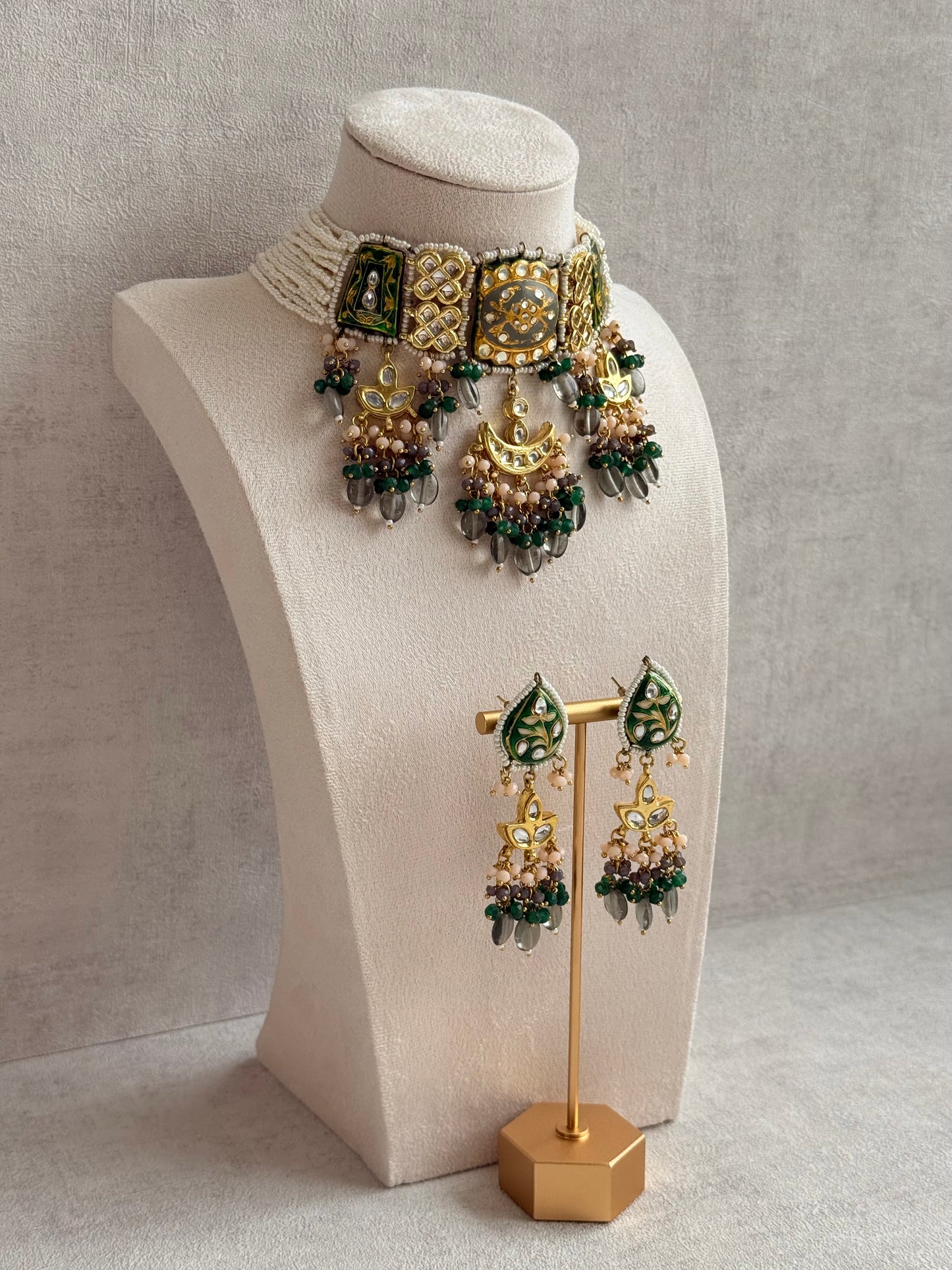 Ayura Designs Rehma Meenakari Kundan Choker Set with Earrings – Emerald Green & Pearl Bead Detailing