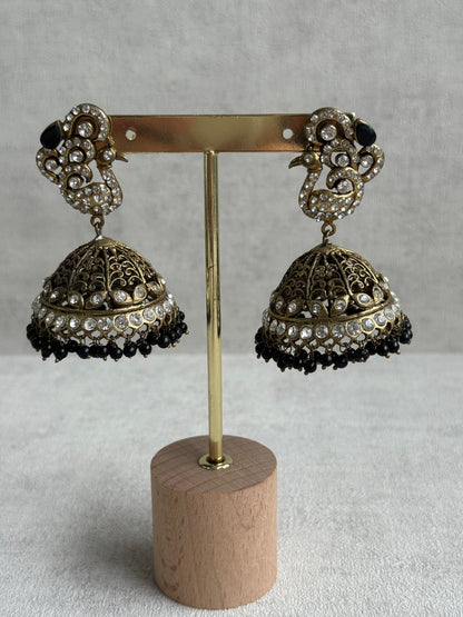 Ayura Designs Mayurika Jhumkis – Antique Gold Jhumkis with Crystal Stones, Black Beads & Peacock Motif