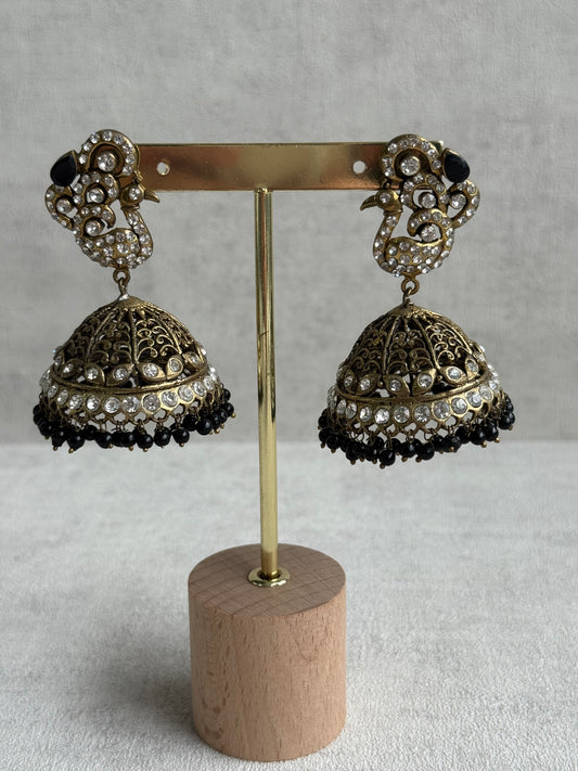 Ayura Designs Mayurika Jhumkis – Antique Gold Jhumkis with Crystal Stones, Black Beads & Peacock Motif