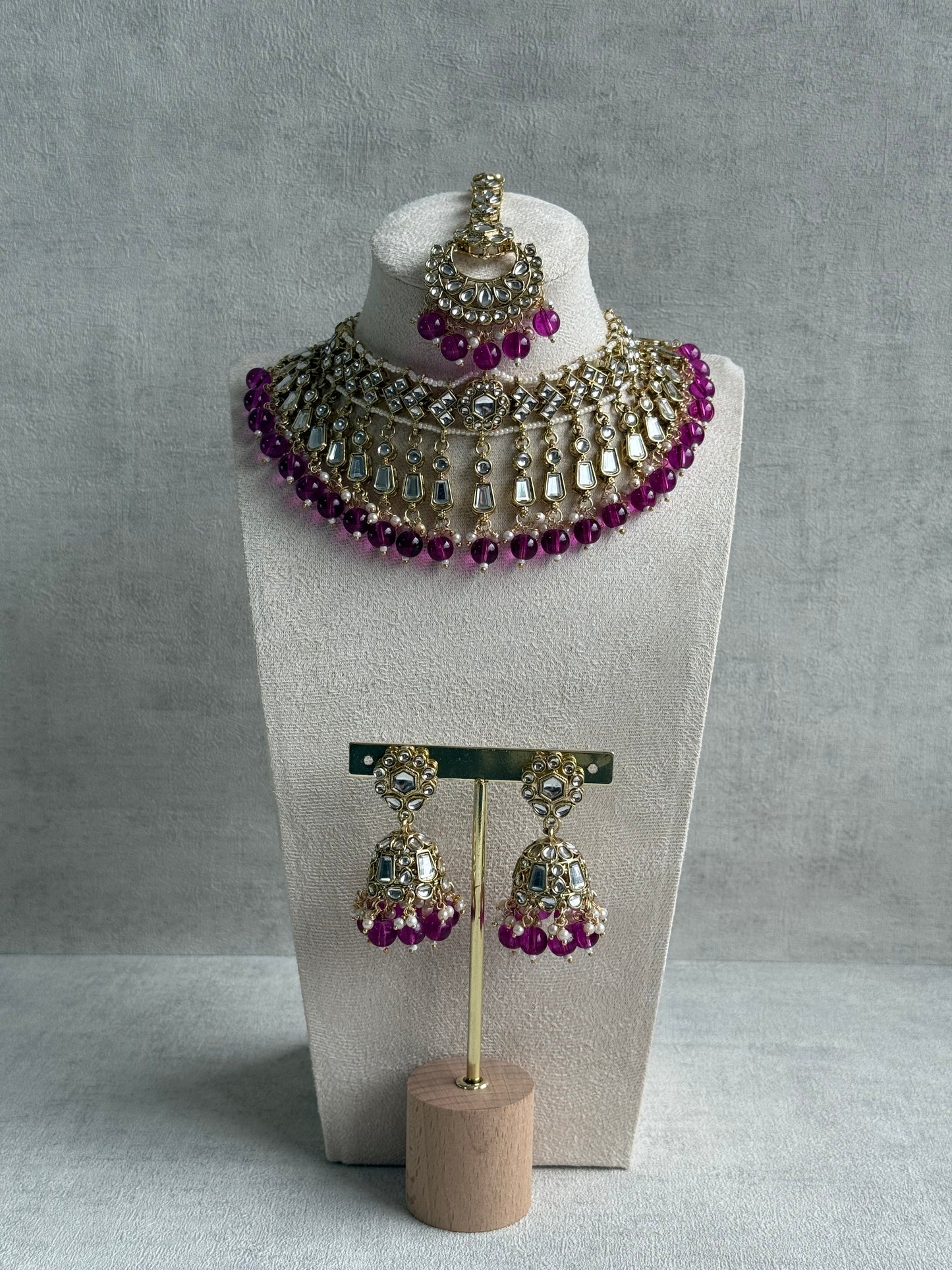 Ayura Designs Shaheen Set with Jhumkis & Tikka – Magenta Beads, Mirror Kundan & Gold Finish