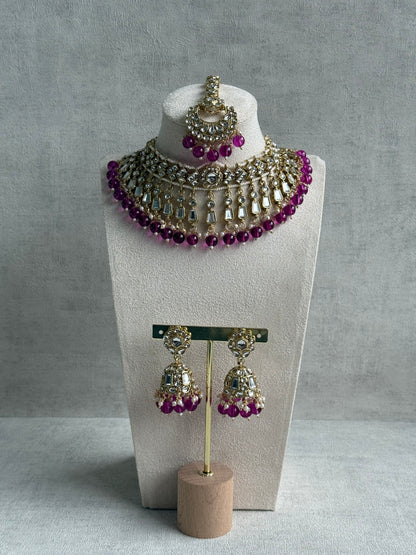 Ayura Designs Shaheen Set with Jhumkis & Tikka – Magenta Beads, Mirror Kundan & Gold Finish