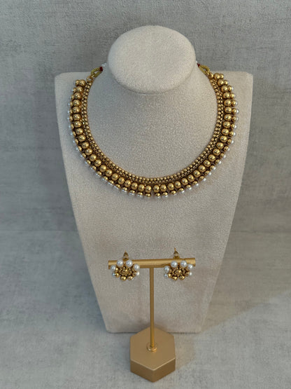 Ayura Designs Devyani Set with Stud Earrings – Antique Gold Layers with Pearl Edging