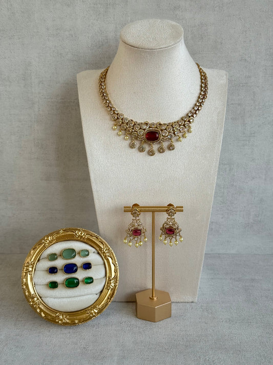 Ayura Designs Amreen Set with Earrings – Interchangeable Centre Stones with Peacock Motifs, Crystal Detailing & Pearl Drops