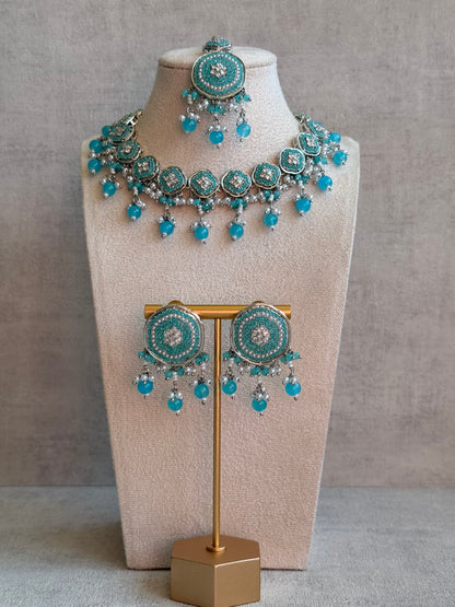 Ayura Designs Nomal Set with Earrings & Tikka – Aqua Blue Beads, Pearl Detailing & Silver Finish