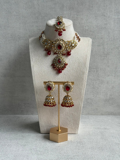 Ayura Designs Muskaan Set – Choker, Jhumkis & Tikka with Ruby Red Beads, Kundan Stones & Antique Gold Finish
