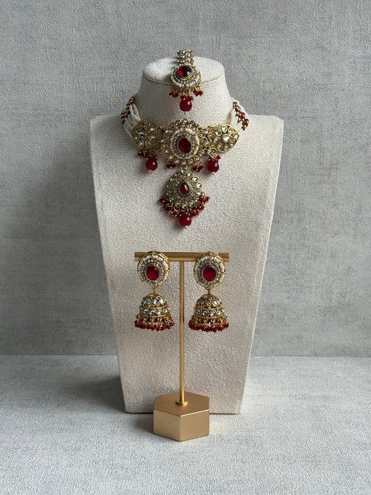 Ayura Designs Muskaan Set – Choker, Jhumkis & Tikka with Ruby Red Beads, Kundan Stones & Antique Gold Finish