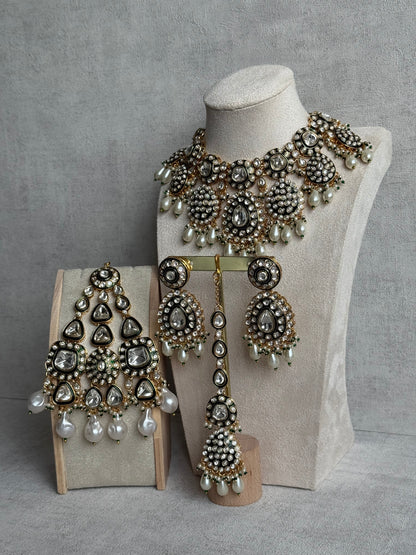 Ayura Designs Ayesha Bridal Set with Necklace, Earrings, Tikka & Passa – Emerald Green Enamel, Mirror-Cut Stones, Pearls & Antique Gold Kundan Detailing