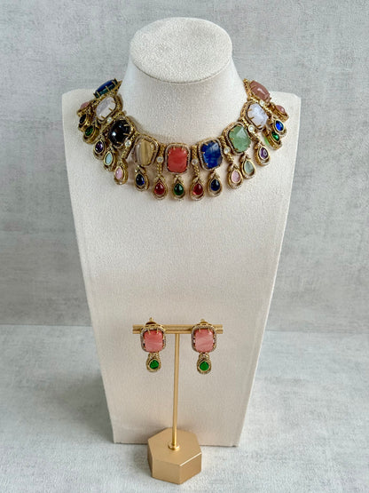 Ayura Designs Adelaide Necklace Set with Earrings – Multicolour Moissanite with Peach Stone Drop Earrings